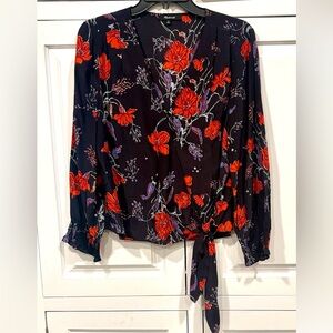 Madewell Navy and Red 100% Silk Floral Blouse